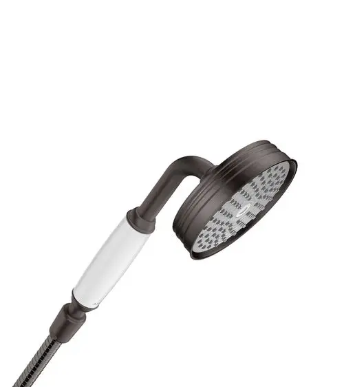 Handbrause von AXOR in gebürstetem Schwarzchrom mit einem runden Duschkopf. Der Griff ist ergonomisch geformt und der Schlauch hat eine flexible Konstruktion.